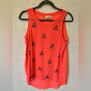 Umgee Bright Coral Tank Top with Black Triangle Accents, Sheer back, Small